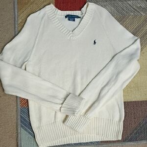 Vintage Ralph Lauren Blue Label Cream V neck 100%Cotton Cuffed Sleeve Sweater L